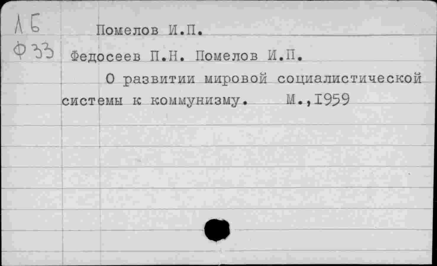 ﻿АС	Помелов Н.П.	
	Федосеев П.Н. Помелов	н.п.
	О развитии мировой системы к коммунизму. *	социалистической м.,1959
		
		
		
		
		
		
	1	?	
		